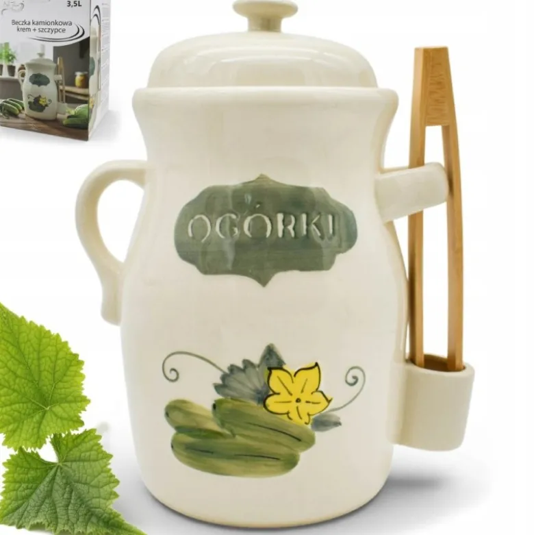Beczka kamionkowa do ogórków 3.5l Bella Fiore w zestawie ze szczypcami kremowa