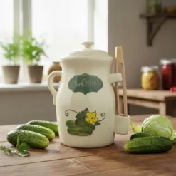 Beczka kamionkowa do ogórków 3.5l Bella Fiore w zestawie ze szczypcami kremowa
