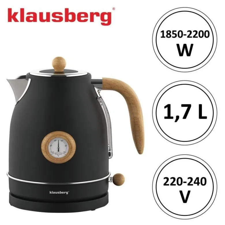 Czajnik elektryczny bezprzewodowy z termometrem 1,7 L czarny 2200W Klausberg KB7907