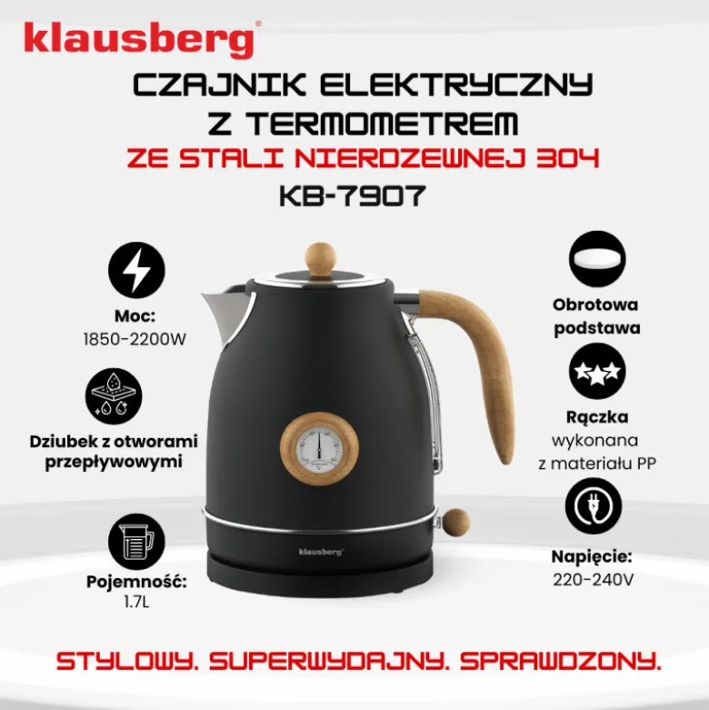Czajnik elektryczny bezprzewodowy z termometrem 1,7 L czarny 2200W Klausberg KB7907