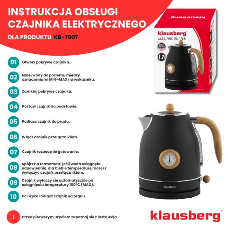 Czajnik elektryczny bezprzewodowy z termometrem 1,7 L czarny 2200W Klausberg KB7907