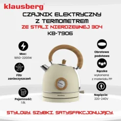 Czajnik elektryczny stalowy 1.8L kremowy z termometrem 2200W Klausberg KB7906