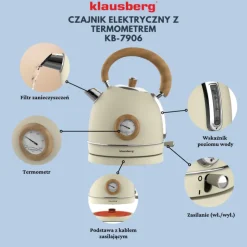 Czajnik elektryczny stalowy 1.8L kremowy z termometrem 2200W Klausberg KB7906