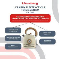Czajnik elektryczny stalowy 1.8L kremowy z termometrem 2200W Klausberg KB7906