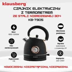 Czajnik elektryczny stalowy 1.8L czarny z termometrem 2200W Klausberg KB7905