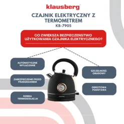 Czajnik elektryczny stalowy 1.8L czarny z termometrem 2200W Klausberg KB7905