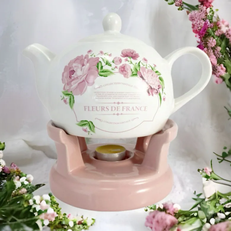 Czajnik 1L Dzbanek z podgrzewaczem zestaw Imbryk Flowers BL-T-39 Tragar