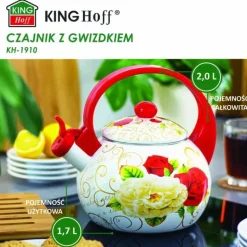 Czajnik tradycyjny emaliowany 2 L stalowy biały czerwone róże Kinghoff KH 1910