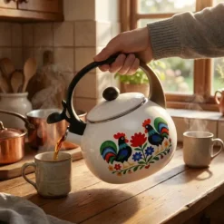 Czajnik tradycyjny z gwizdkiem emaliowany 2.2 L biały folk Tragar