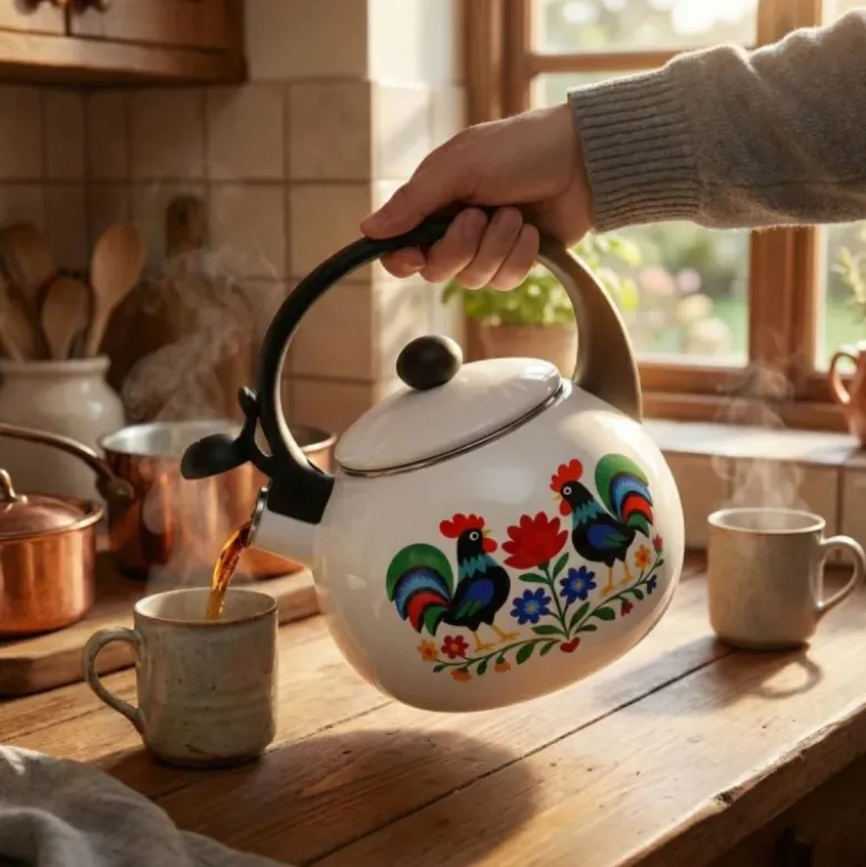 Czajnik tradycyjny z gwizdkiem emaliowany 2.2 L biały folk Tragar