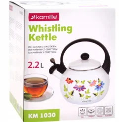 Czajnik tradycyjny z gwizdkiem emaliowany biały 2.2 l Kamille KM-1030 kwiaty