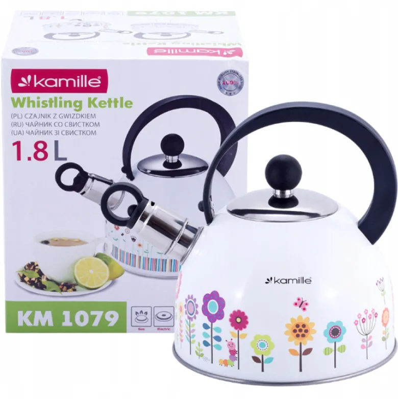 Czajnik tradycyjny z gwizdkiem emaliowany biały 1.8 litra Kamille KM-1079 kwiaty