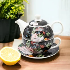 Dzbanek 450 ml z filiżanką imbryk czarny w kwiaty zestaw z filiżanką Tragar Bella Fiore 38977
