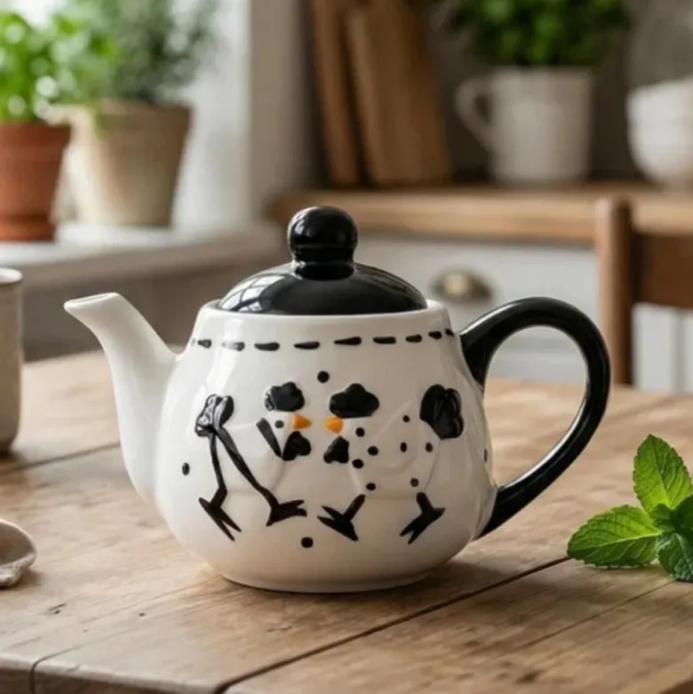 Dzbanek porcelanowy biały z wzorem w czarne kury imbryk do zaparzania herbaty 510ml Odelo