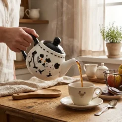 Dzbanek porcelanowy biały z wzorem w czarne kury imbryk do zaparzania herbaty 510ml Odelo