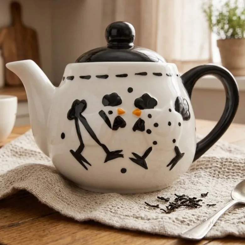 Dzbanek porcelanowy biały z wzorem w czarne kury imbryk do zaparzania herbaty 510ml Odelo