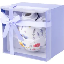 Dzbanek porcelanowy z filiżanką biały imbryk w kwiaty do zaparzania herbaty 400ml SOLEY ODELO OD2957 Delhan