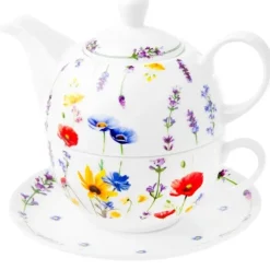 Dzbanek porcelanowy z filiżanką biały imbryk w kwiaty do zaparzania herbaty 400ml SOLEY ODELO OD2957 Delhan