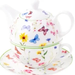 Dzbanek porcelanowy z filiżanką biały imbryk w z motywem polnym do zaparzania herbaty 400ml ODELO VEDIA OD2958 Delhan
