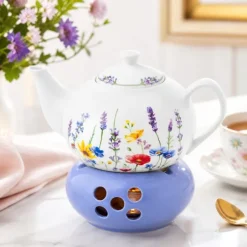 Dzbanek porcelanowy z niebieskim podgrzewaczem biały imbryk w kwiaty do zaparzania herbaty 1L ODELO SOLEY OD2963 Delhan