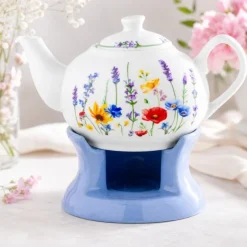 Dzbanek porcelanowy z niebieskim podgrzewaczem biały imbryk w kwiaty do zaparzania herbaty 1L ODELO SOLEY OD2960 Delhan
