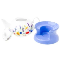 Dzbanek porcelanowy z niebieskim podgrzewaczem biały imbryk w kwiaty do zaparzania herbaty 1L ODELO SOLEY OD2960 Delhan