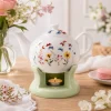 Dzbanek porcelanowy z zielonym podgrzewaczem biały imbryk w motyle do zaparzania herbaty 1L ODELO VEDIA OD2961 Delhan