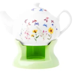 Dzbanek porcelanowy z zielonym podgrzewaczem biały imbryk w motyle do zaparzania herbaty 1L ODELO VEDIA OD2961 Delhan