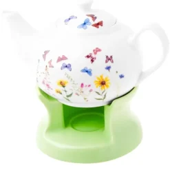 Dzbanek porcelanowy z zielonym podgrzewaczem biały imbryk w motyle do zaparzania herbaty 1L ODELO VEDIA OD2961 Delhan