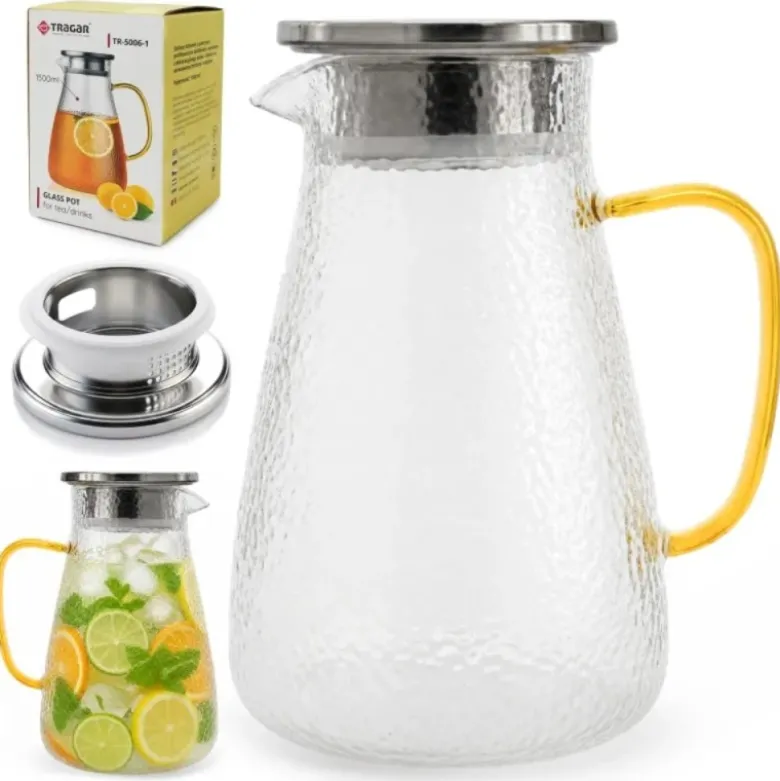 Dzbanek szklany 1500 ml z pokrywką i sitkiem uniwersalny do lemoniady soku i kompotu Tragar