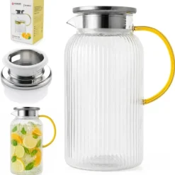 Dzbanek szklany 1800 ml z pokrywką i sitkiem ryflowany uniwersalny do lemoniady soku i kompotu Tragar