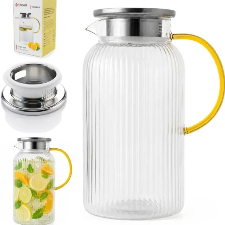 Dzbanek szklany 1800 ml z pokrywką i sitkiem ryflowany uniwersalny do lemoniady soku i kompotu Tragar