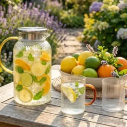 Dzbanek szklany 1800 ml z pokrywką i sitkiem ryflowany uniwersalny do lemoniady soku i kompotu Tragar