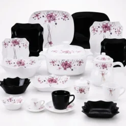 Elegancki zestaw obiadowo-kawowy 58 el. GierekHoff czarno-biały w kwiatowy wzór K-15009-4