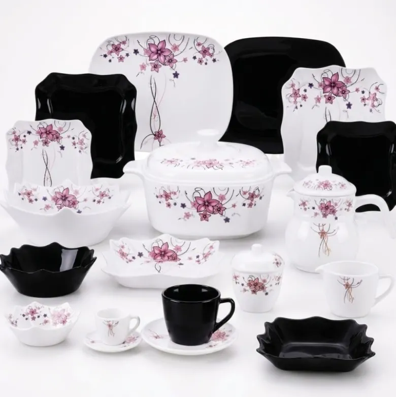 Elegancki zestaw obiadowo-kawowy 58 el. GierekHoff czarno-biały w kwiatowy wzór K-15009-4