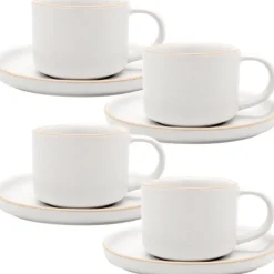 Filiżanki porcelanowe 220 ml ze spodkiem MG Home Artena białe nakrapiane serwis kawowy zestaw 4 sztuki