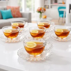 Filiżanki ze spodkiem do kawy i herbaty 200 ml szklana Altom Design Bloom zestaw 6 szt
