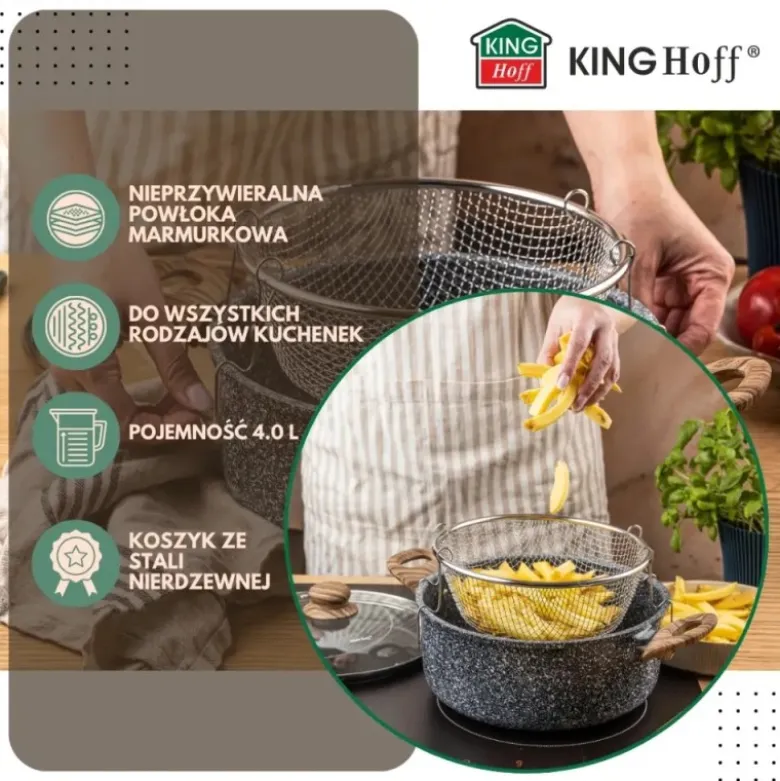 Garnek tradycyjny do smażenia frytek 24 cm z koszykiem stalowym i pokrywką 4L KingHoff