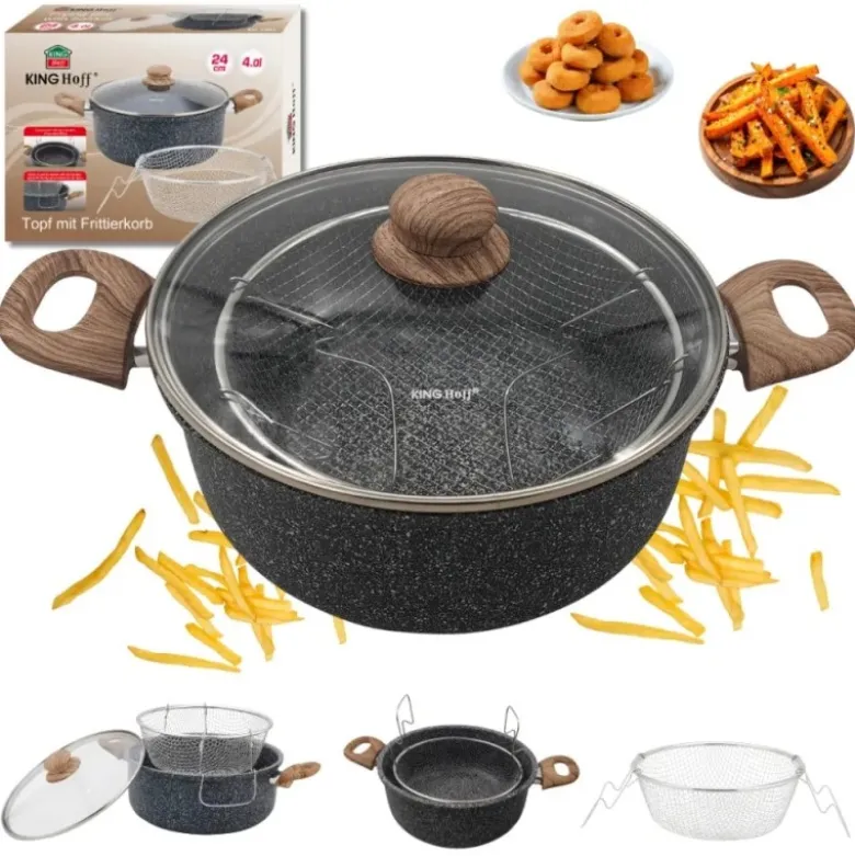 Garnek tradycyjny do smażenia frytek 24 cm z koszykiem stalowym i pokrywką 4L KingHoff