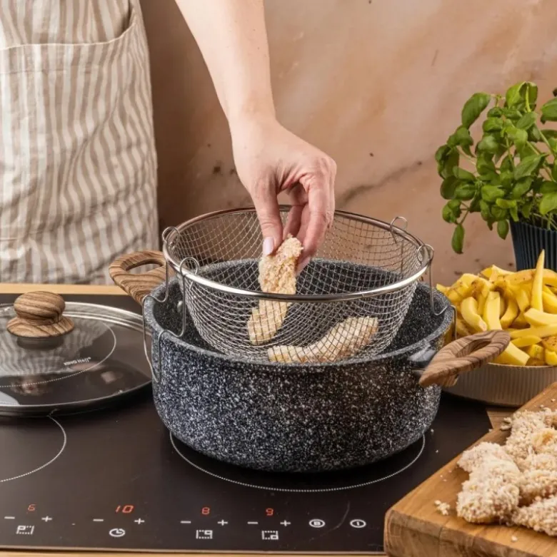 Garnek tradycyjny do smażenia frytek 24 cm z koszykiem stalowym i pokrywką 4L KingHoff