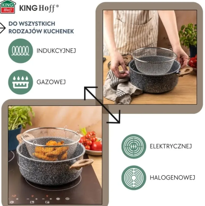 Garnek tradycyjny do smażenia frytek 24 cm z koszykiem stalowym i pokrywką 4L KingHoff