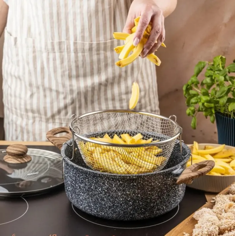 Garnek tradycyjny do smażenia frytek 24 cm z koszykiem stalowym i pokrywką 4L KingHoff