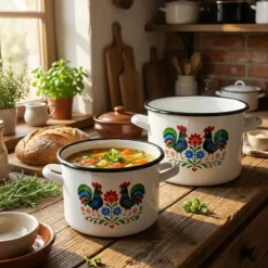 Garnek tradycyjny emaliowany 20 cm z uchwytami stalowy biały Folk 4,5 l Tragar