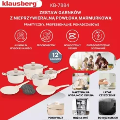 Garnki beżowe zestaw 12 elementowy komplet garnków z patelniami i rondlem Klausberg KB-7884