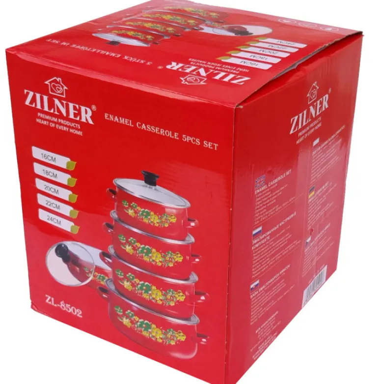 Garnki emaliowane Zilner ZL-8502 czerwone zestaw garnków 10 elementów