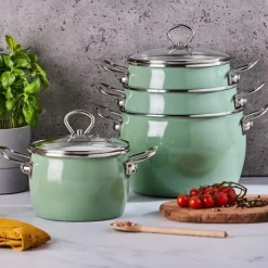 Garnki emaliowane z pokrywkami Altom Balbina zestaw 4 garnków emaliowanych zielone