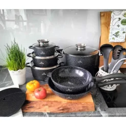 Garnki marmurowe czarne zestaw 17 elementowy patelnie przybory Zilner ZL 8536 indukcja gaz