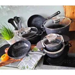 Garnki marmurowe czarne zestaw 17 elementowy patelnie przybory Zilner ZL 8536 indukcja gaz