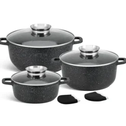 Garnki marmurowe zestaw 3 garnków granitowych indukcyjnych z pokrywkami Elitehoff E 7061