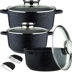 Garnki marmurowe zestaw 3 garnków granitowych indukcyjnych z pokrywkami Elitehoff E 7061